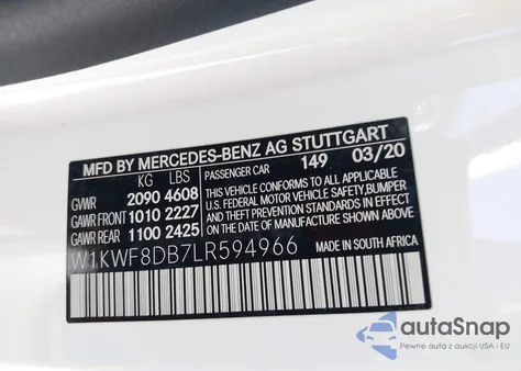 2020 Mercedes-Benz C 300 из США, поврежденный, VIN W1KWF8DB7LR594966